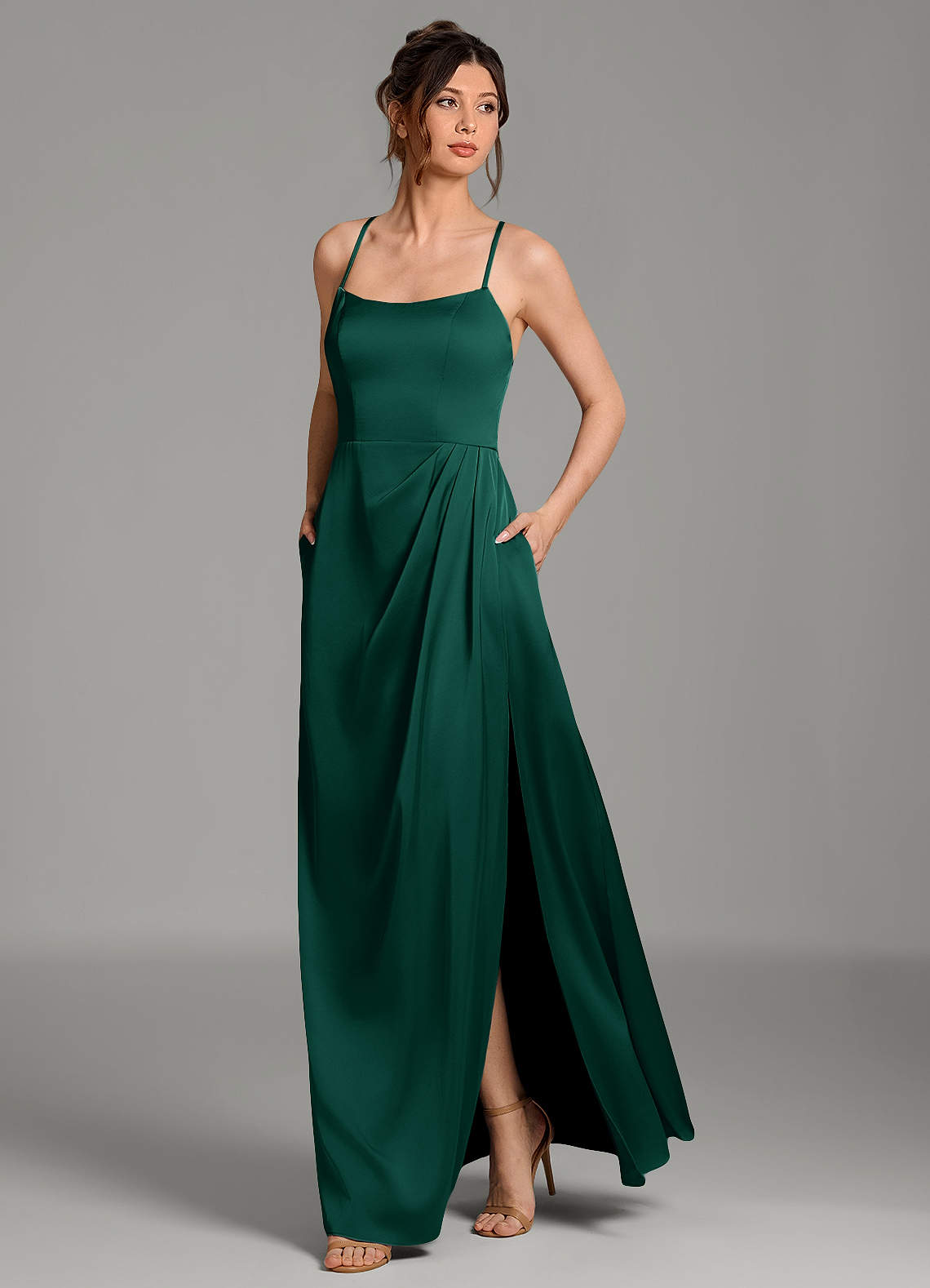 Frankie A-Line Scoop-Neck Stretch Satin Bridesmaid Dress in Emerald