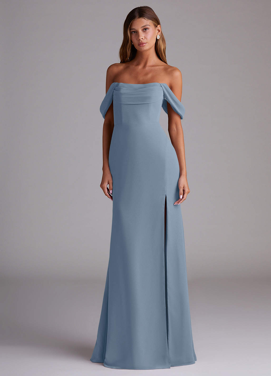 Saige A-Line Off-the-Shoulder Chiffon Bridesmaid Dress in dusty blue