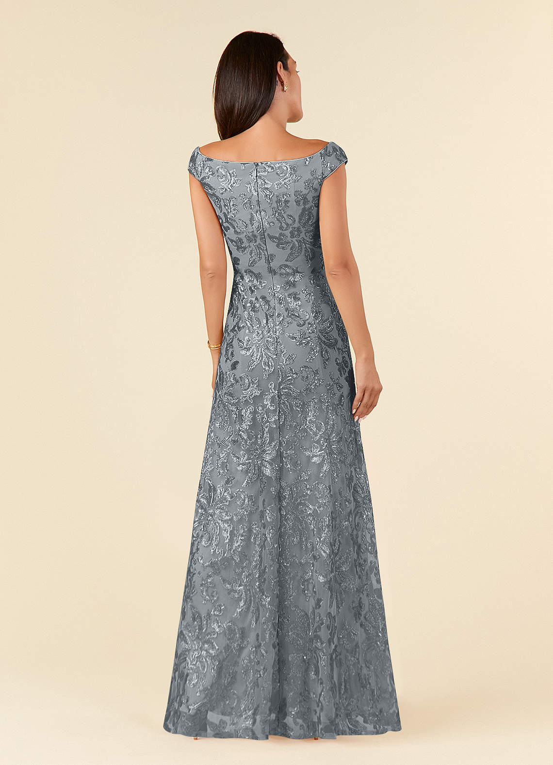 Porcelain A-Line Off-the-Shoulder Lace Mother of the Bride Dress in Steel Grey