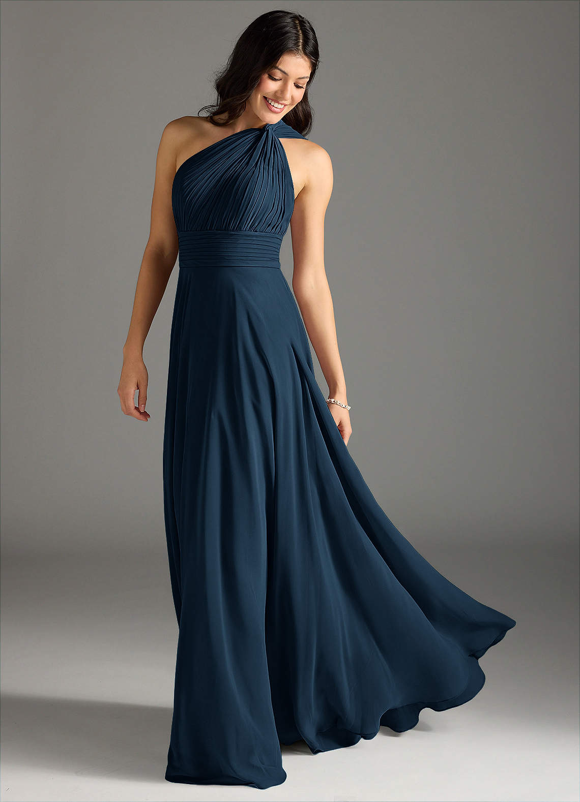 Charlize A-Line One-Shoulder Chiffon Bridesmaid Dress in Dark Navy