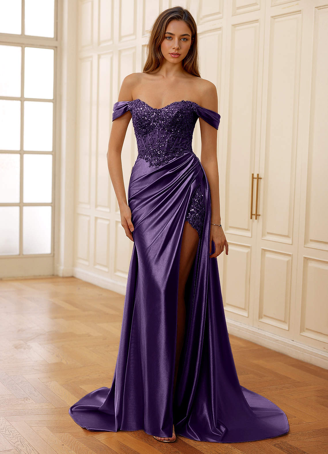 Rowane A-Line Off-the-Shoulder Satin Evening Dress in Plum