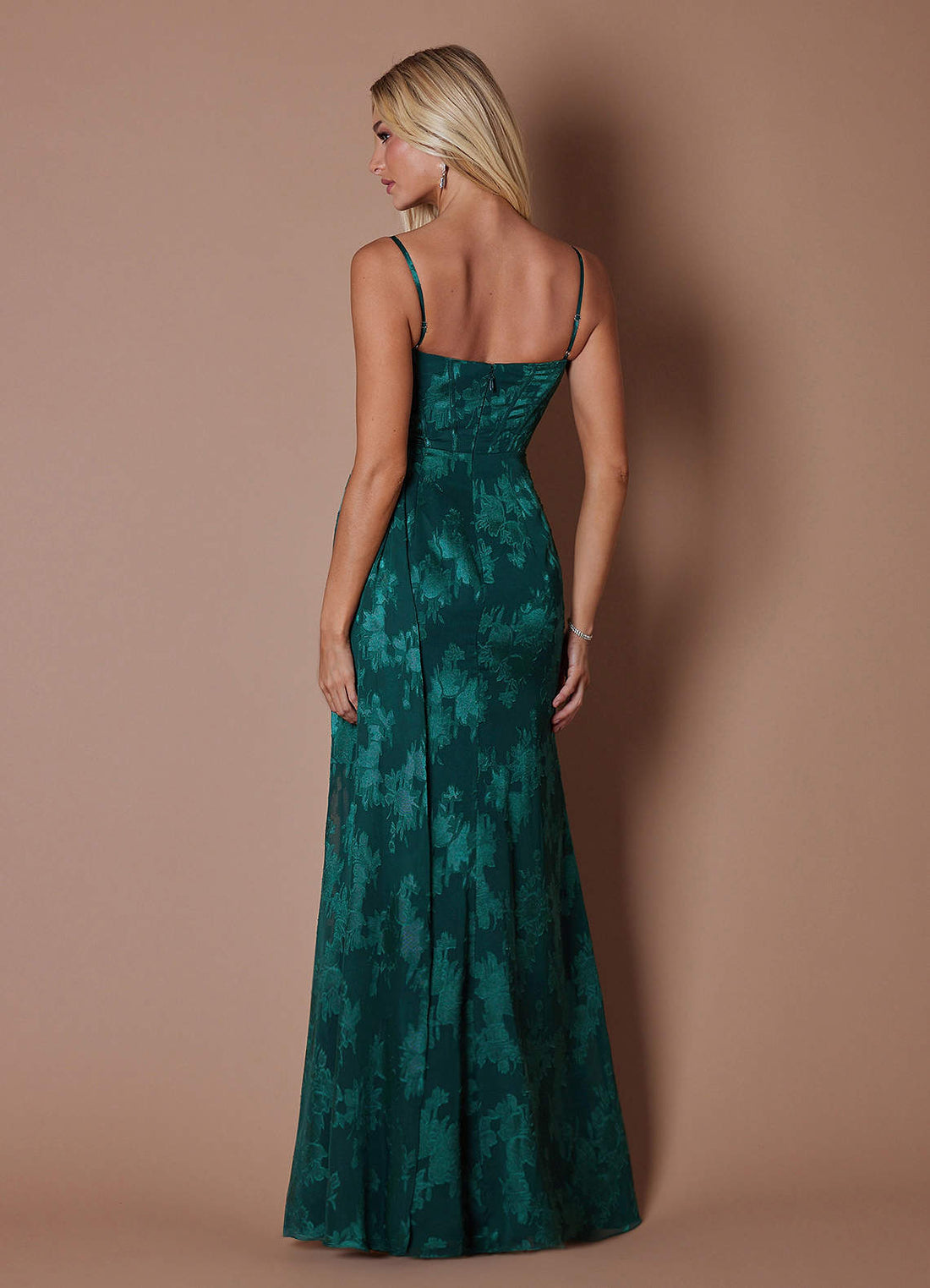 Lea Sheath Straight-Neck Burnout Evening Dress in Dark Emerald