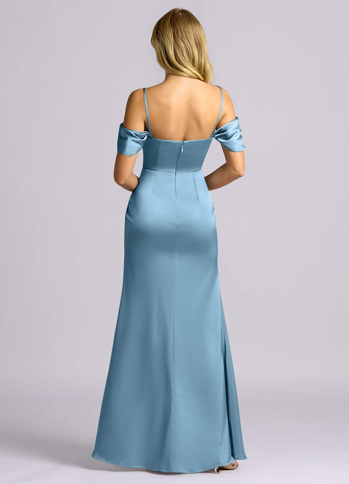 Auden Sheath Off-the-Shoulder Stretch Satin Bridesmaid Dress in Steel Blue