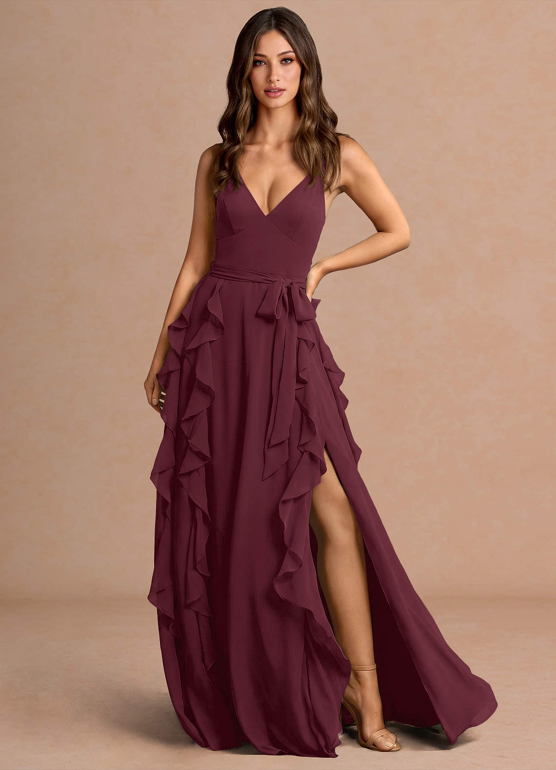 Alouette A-Line V-Neck Chiffon Evening Dress in Grape