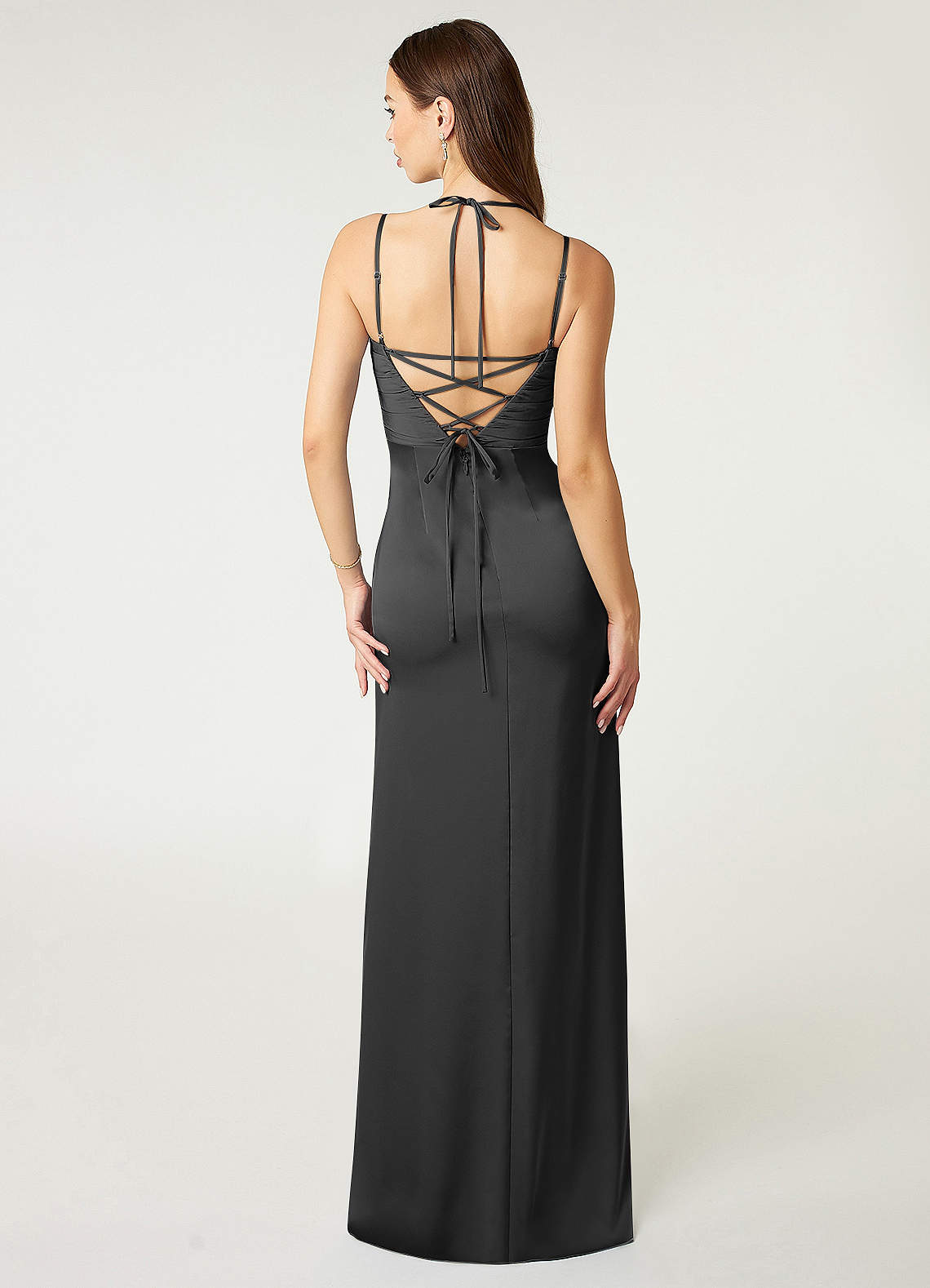 Desi Sheath Halter Stretch Satin Bridesmaid Dress in black