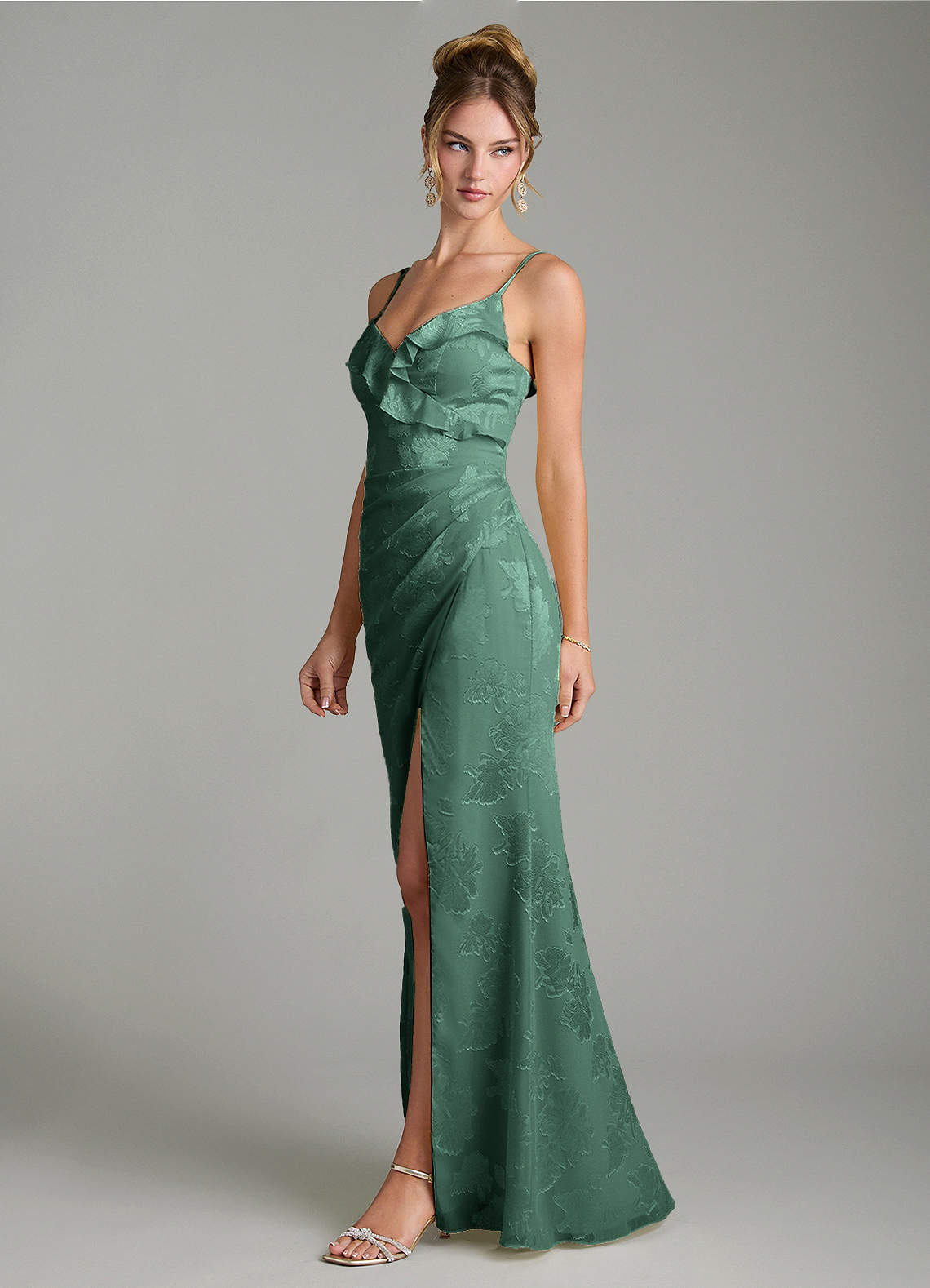 Larsa Mermaid V-Neck Jacquard Bridesmaid Dress in Eucalyptus