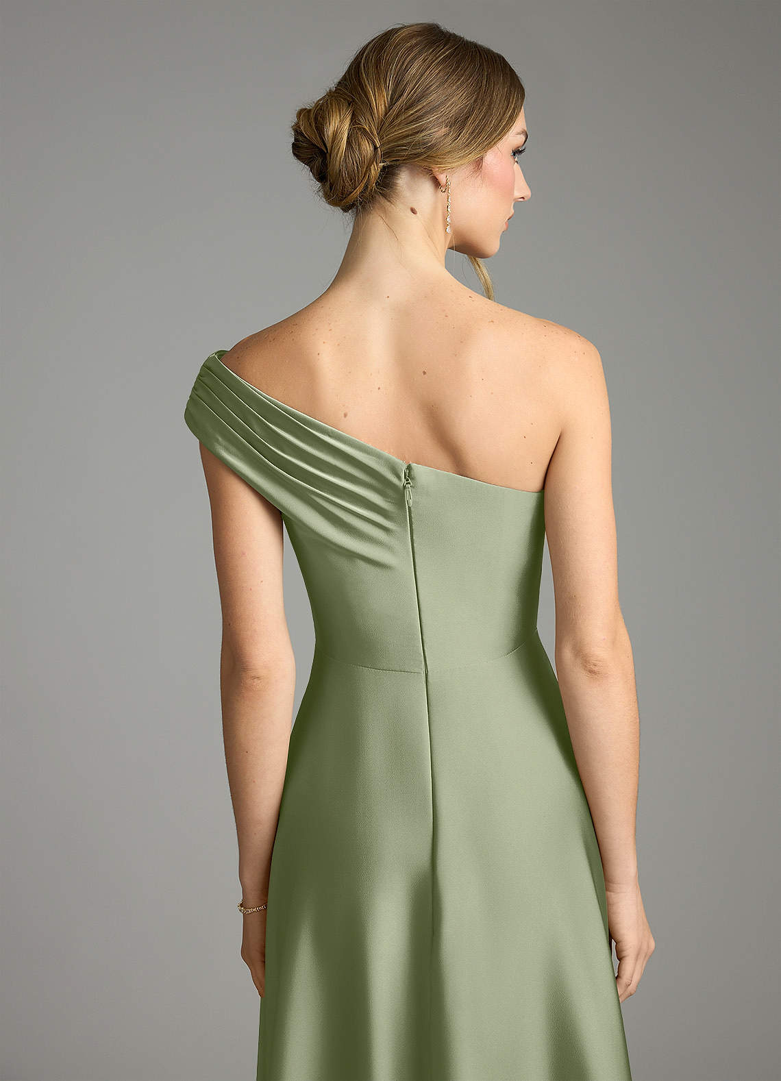 Melanie A-Line One-Shoulder Stretch Satin Bridesmaid Dress in Pistachio