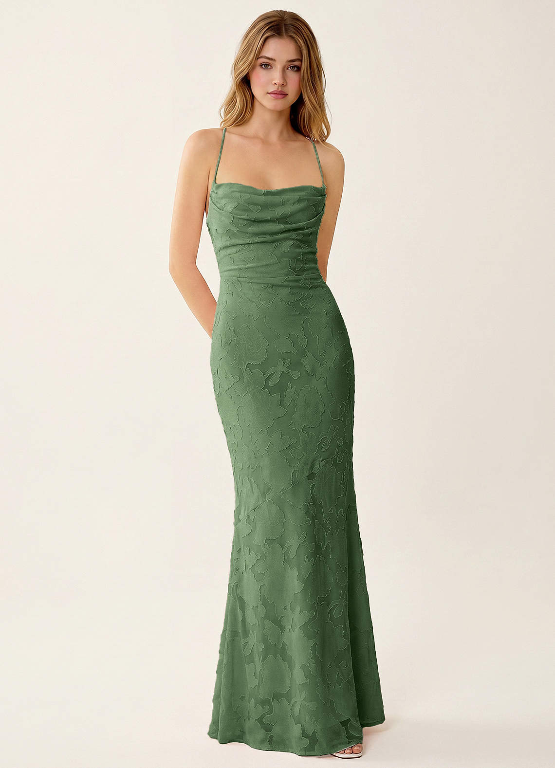 Natasha Mermaid Spaghetti-Strap Floral Burnout Evening Dress in eucalyptus