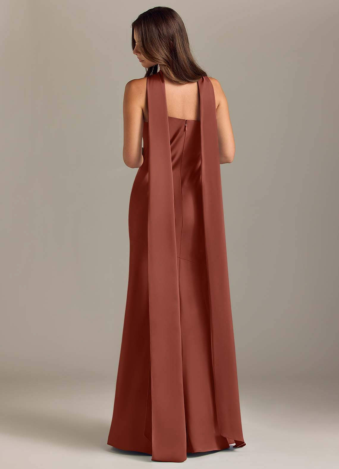 Kinsley Mermaid Halter Stretch Satin Bridesmaid Dress in Auburn