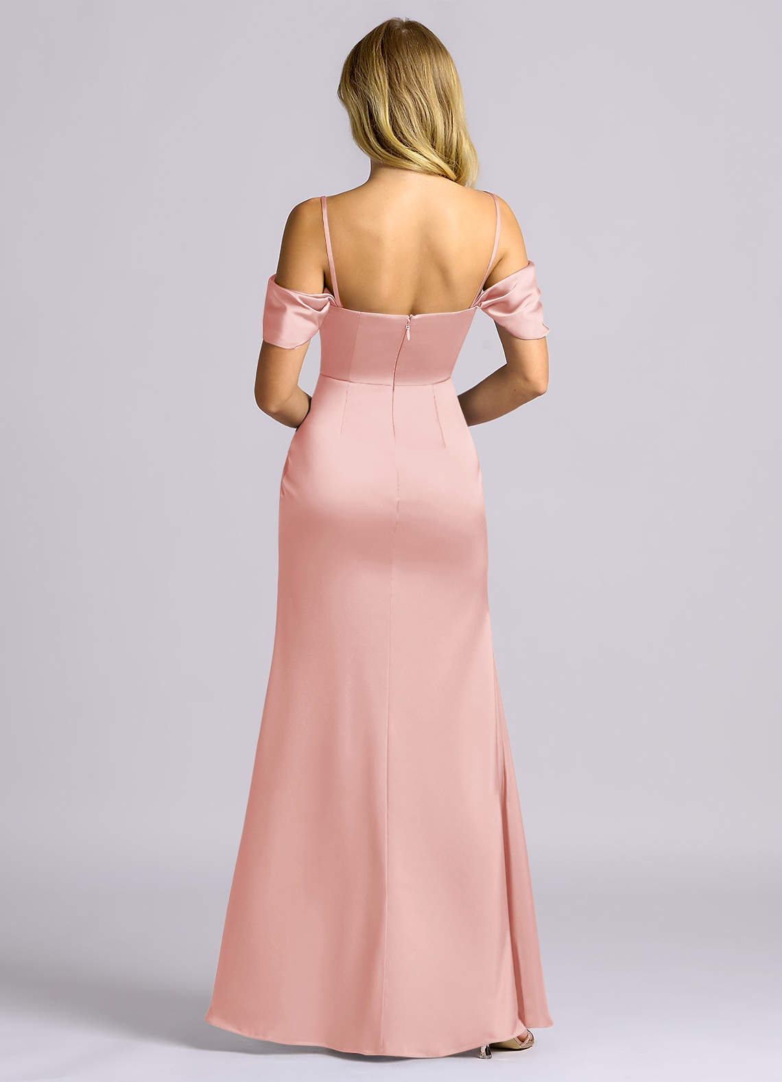 Auden Sheath Off-the-Shoulder Stretch Satin Bridesmaid Dress in Powder Pink