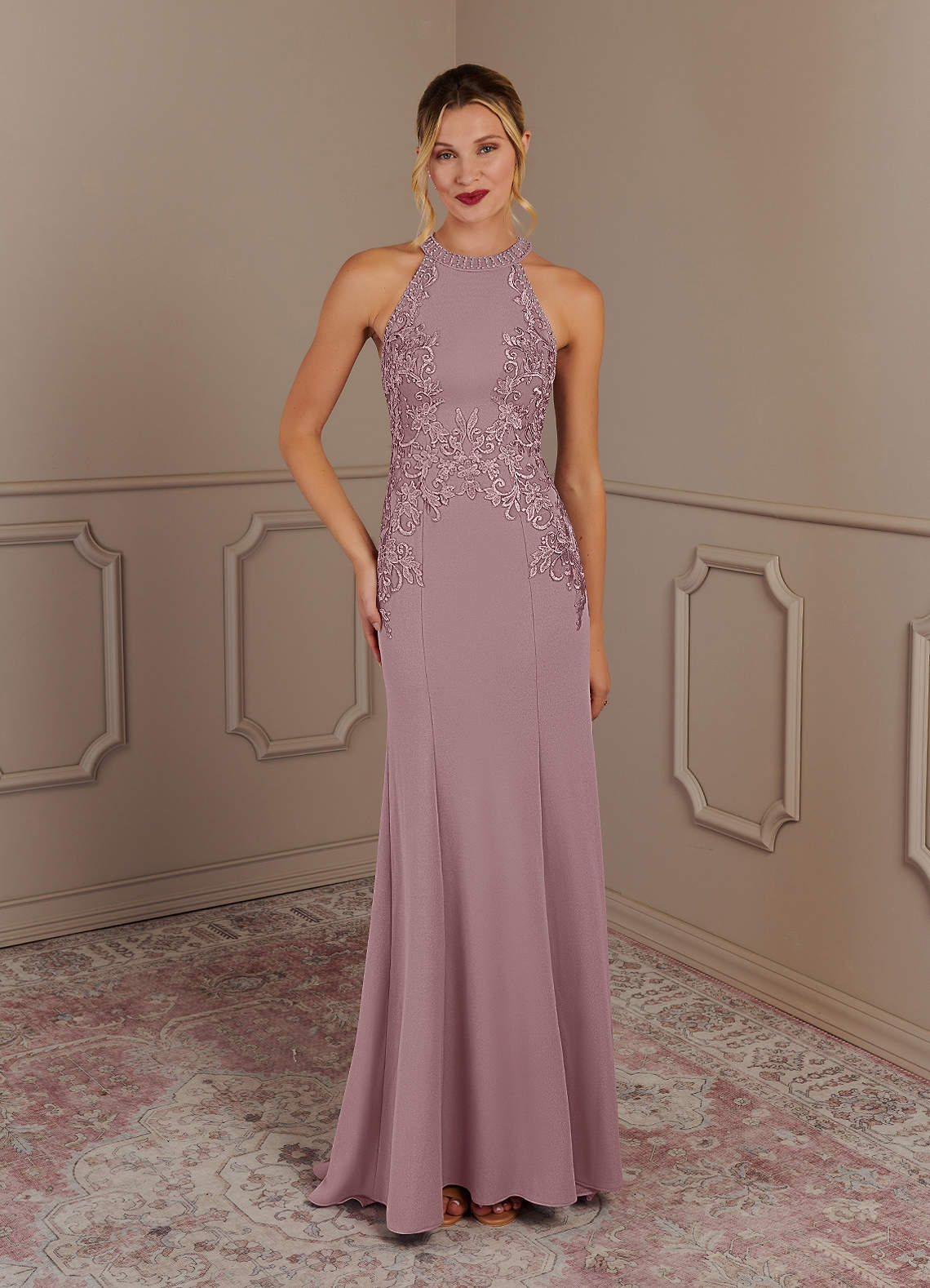 Tyra Mermaid Halter Tulle and Stretch Crepe Mother of the Bride Dress in Dusty Rose