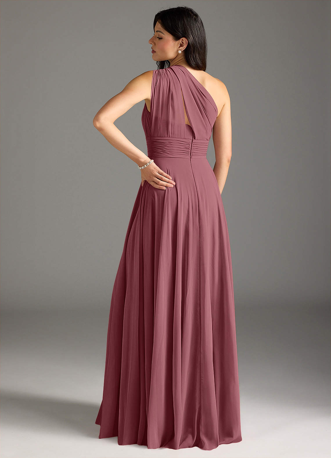 Charlize A-Line One-Shoulder Chiffon Bridesmaid Dress in Desert Rose