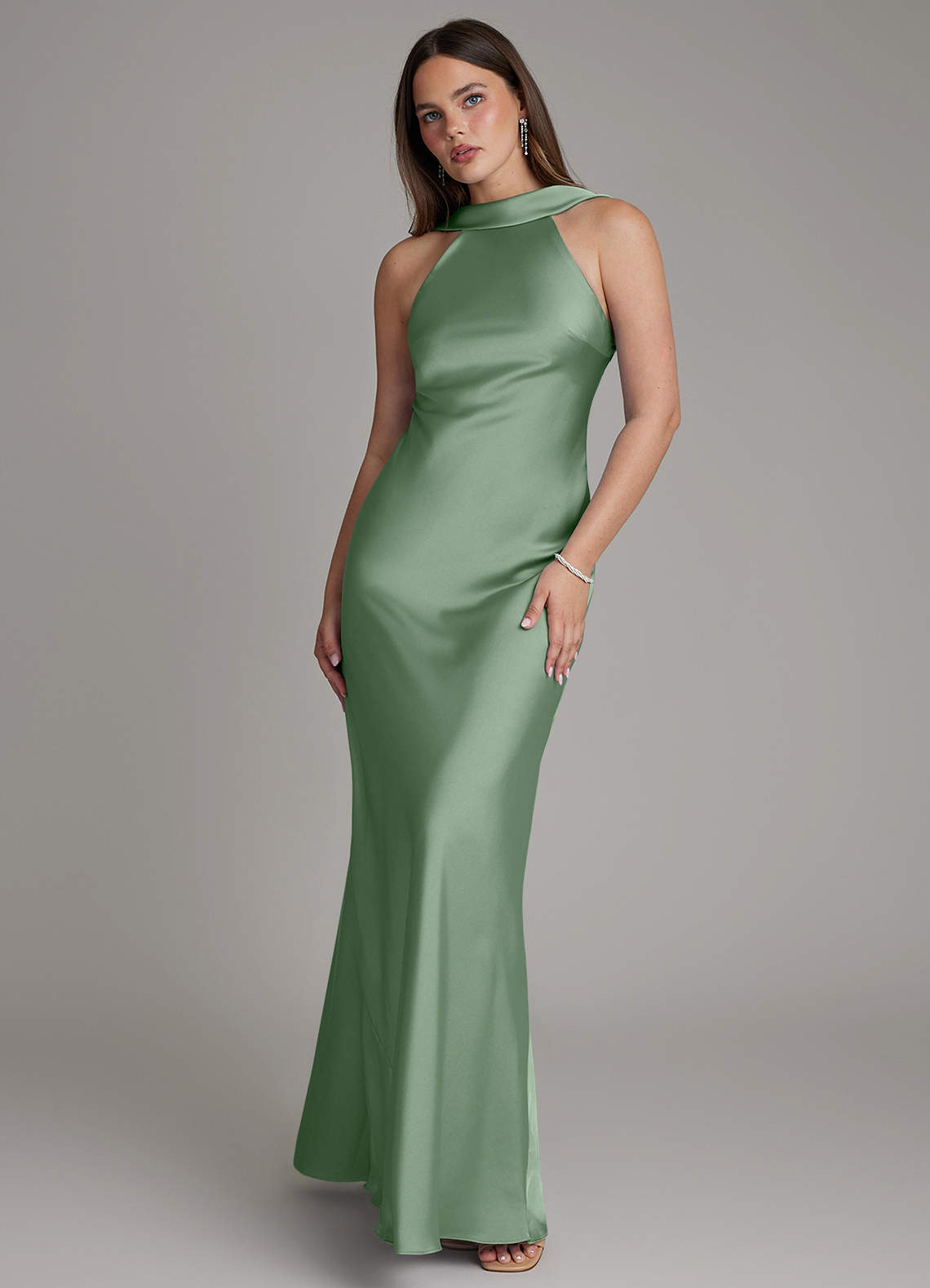 Dimitra Sheath Halter Stretch Satin Bridesmaid Dress in Matcha