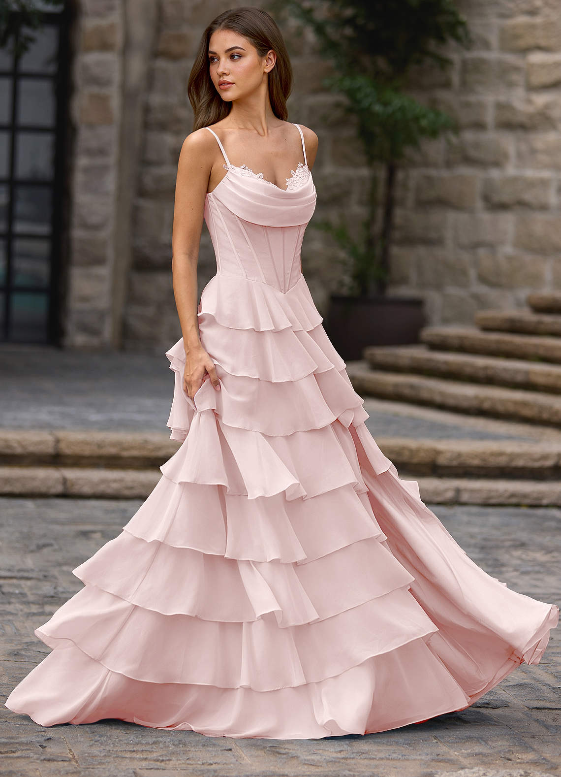 Floralace A-Line Ruffle Chiffon Evening Dress in Powder Pink