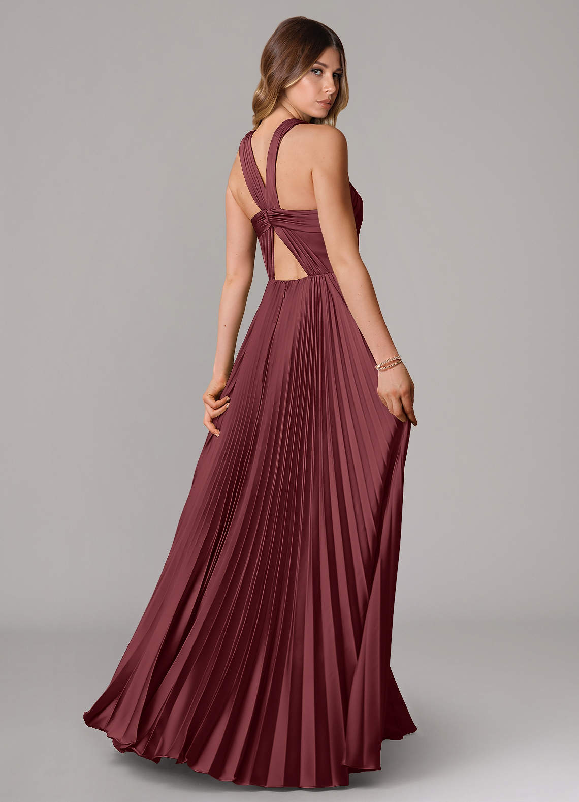 Afra A-Line Halter-Neck Stretch Satin Bridesmaid Dress in Merlot