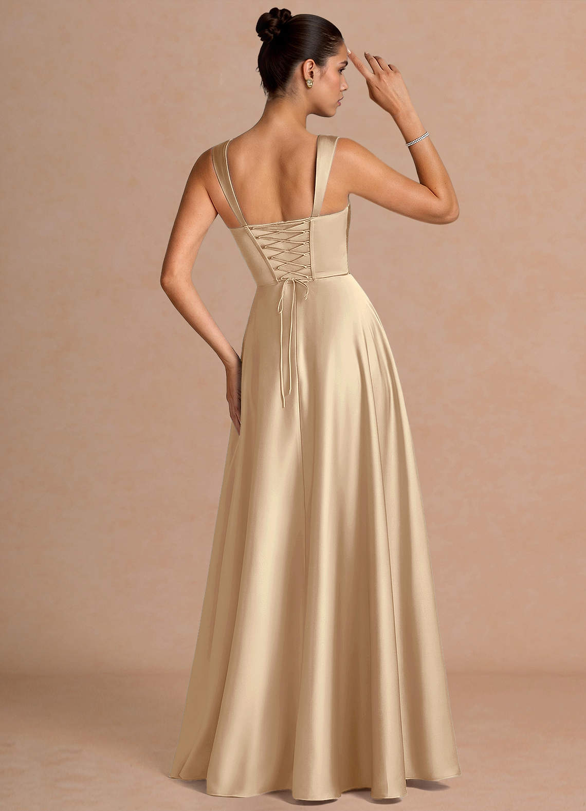 Azaria A-Line Square-Neck Stretch Satin Wedding Guest Dress in Champagne