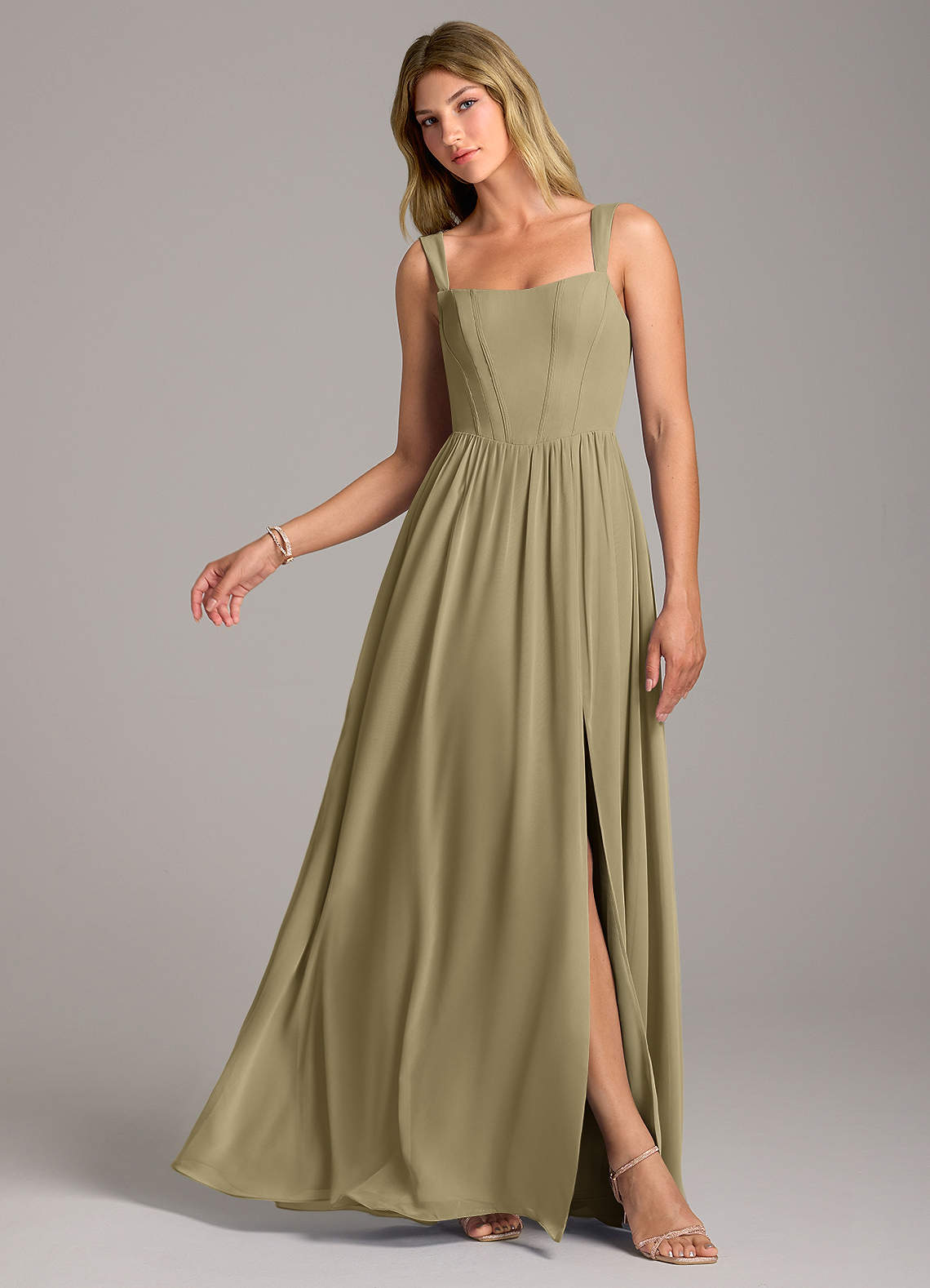 Rosaline A-Line Square-Neck Chiffon Bridesmaid Dress in Moss Green