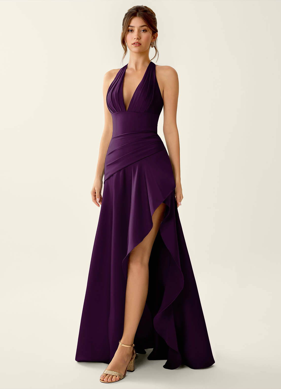 Titania Halter Asymmetric-Ruffle Satin Evening Dress in Pastel Yellow