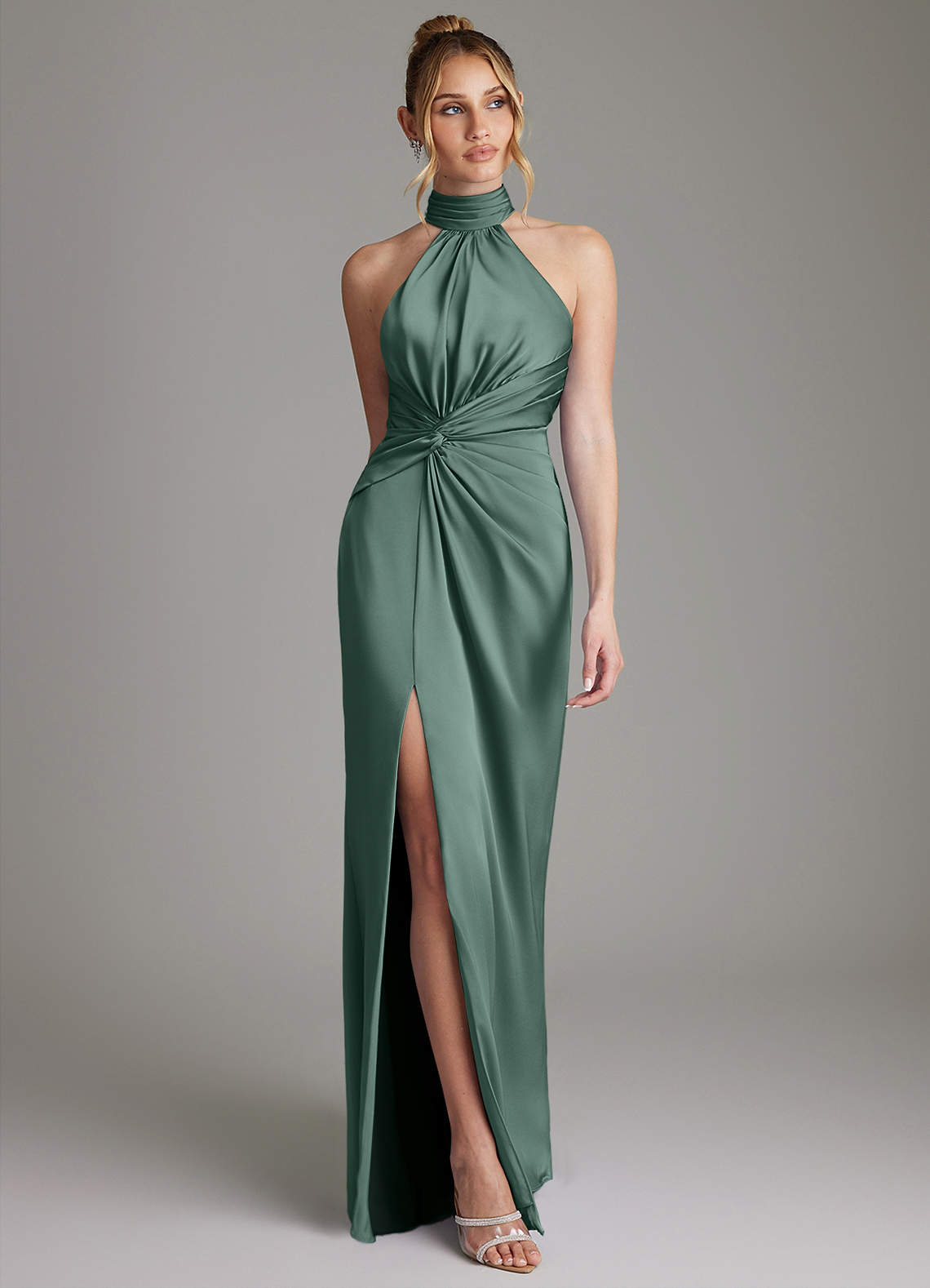 Gracelynn Sheath Halter Stretch Satin Bridesmaid Dress in Eucalyptus