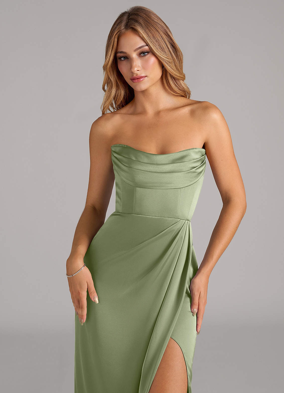 Johana Mermaid Off-the-Shoulder Stretch Satin Bridesmaid Dress in Pistachio