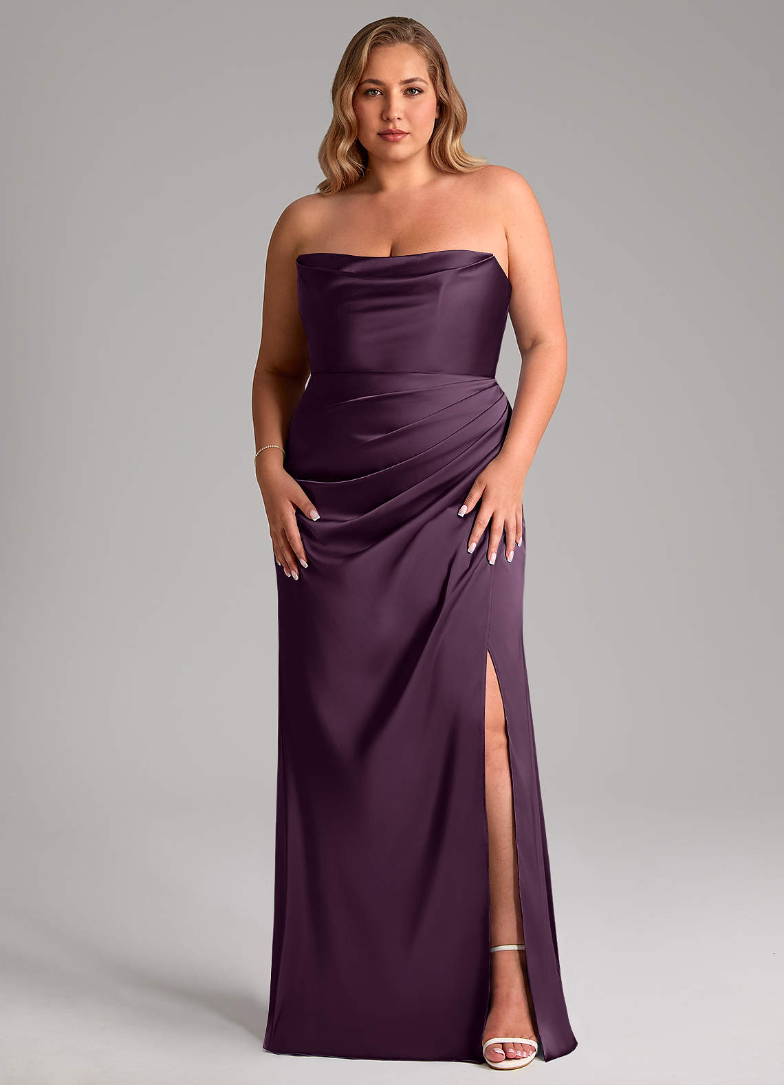 Leonis Mermaid Cowl-Neck Stretch Satin Bridesmaid Dress in Plum