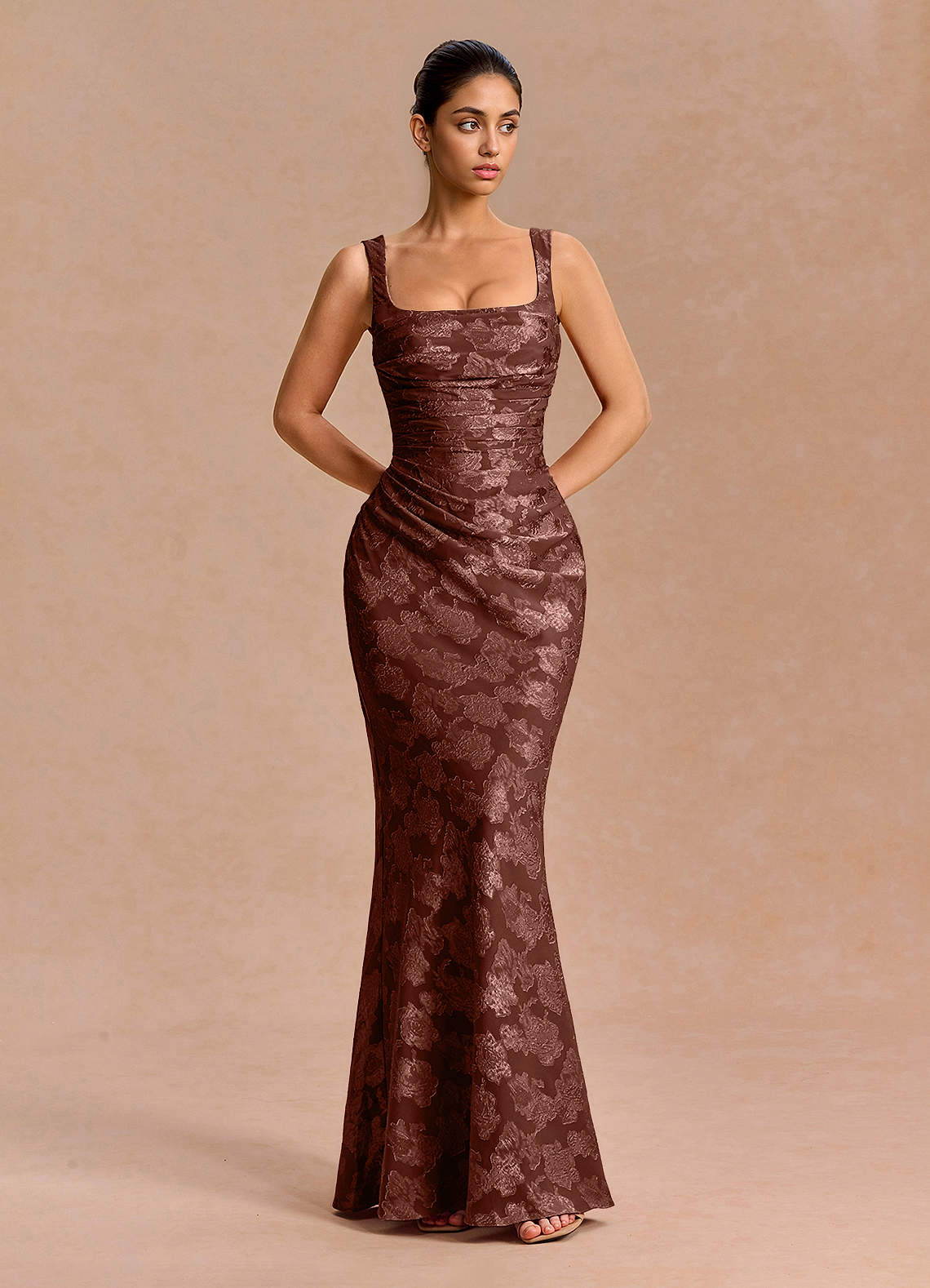 Agustina Square-Neck Pleated Fil Coupé Evening Dress in Mocha Coco