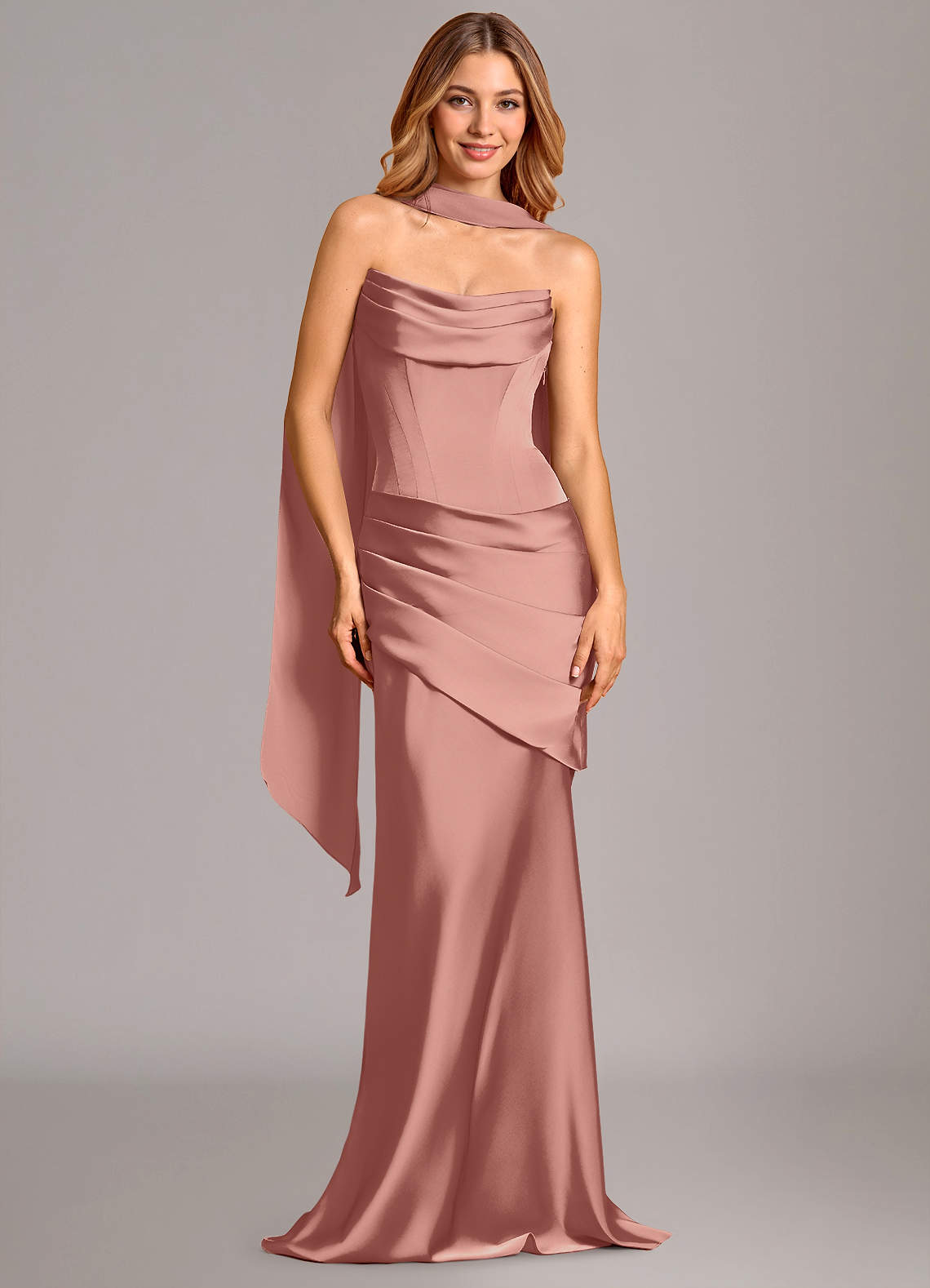 Pelagia Mermaid Cowl-Neck Stretch Satin Bridesmaid Dress in Rosette