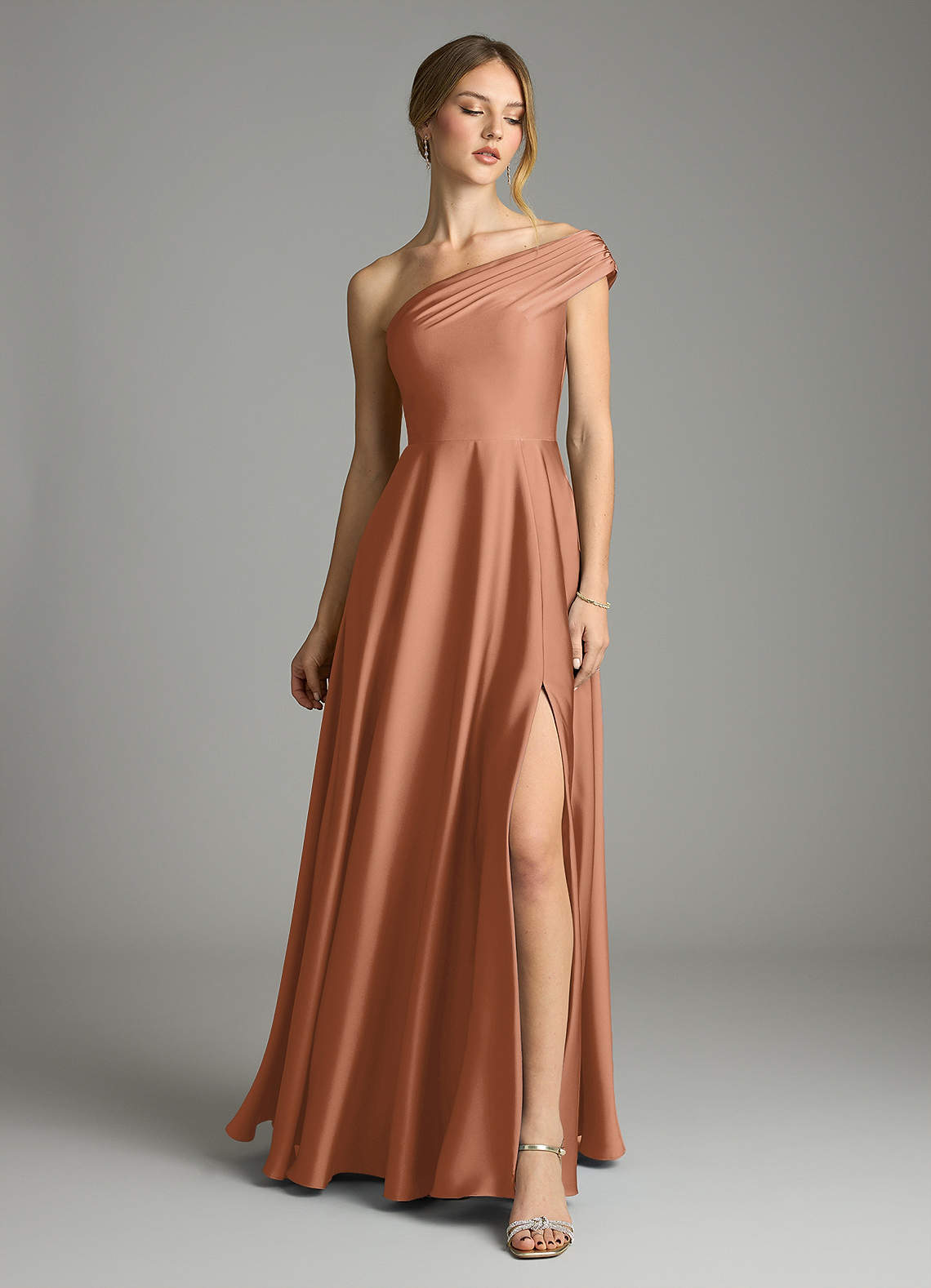 Melanie A-Line One-Shoulder Stretch Satin Bridesmaid Dress in Bronzer