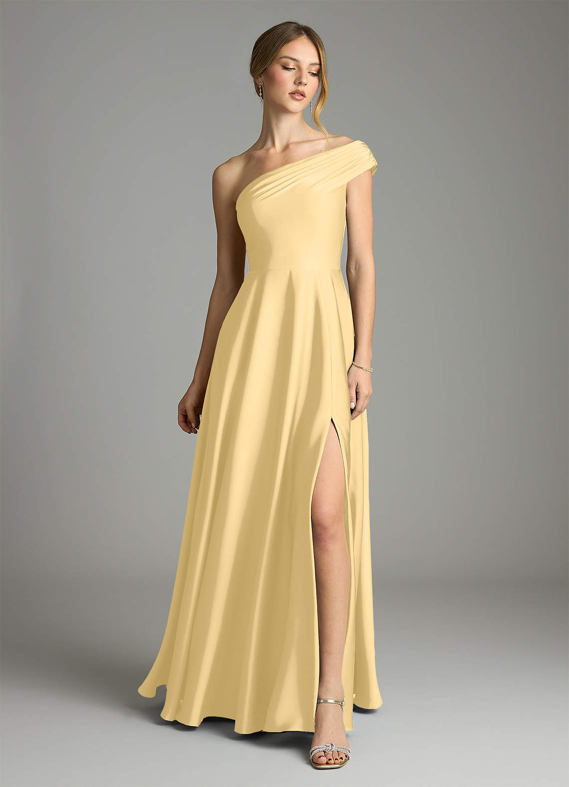 Melanie A-Line One-Shoulder Stretch Satin Bridesmaid Dress in Butter