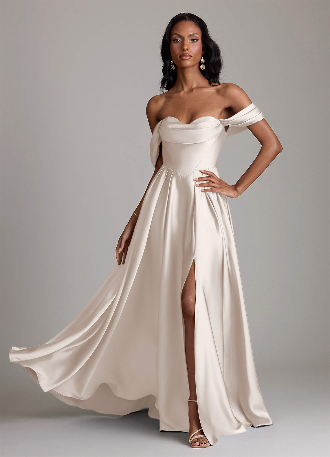 Loisa A-Line Off-the-Shoulder Stretch Satin Bridesmaid Dress in White Alabaster