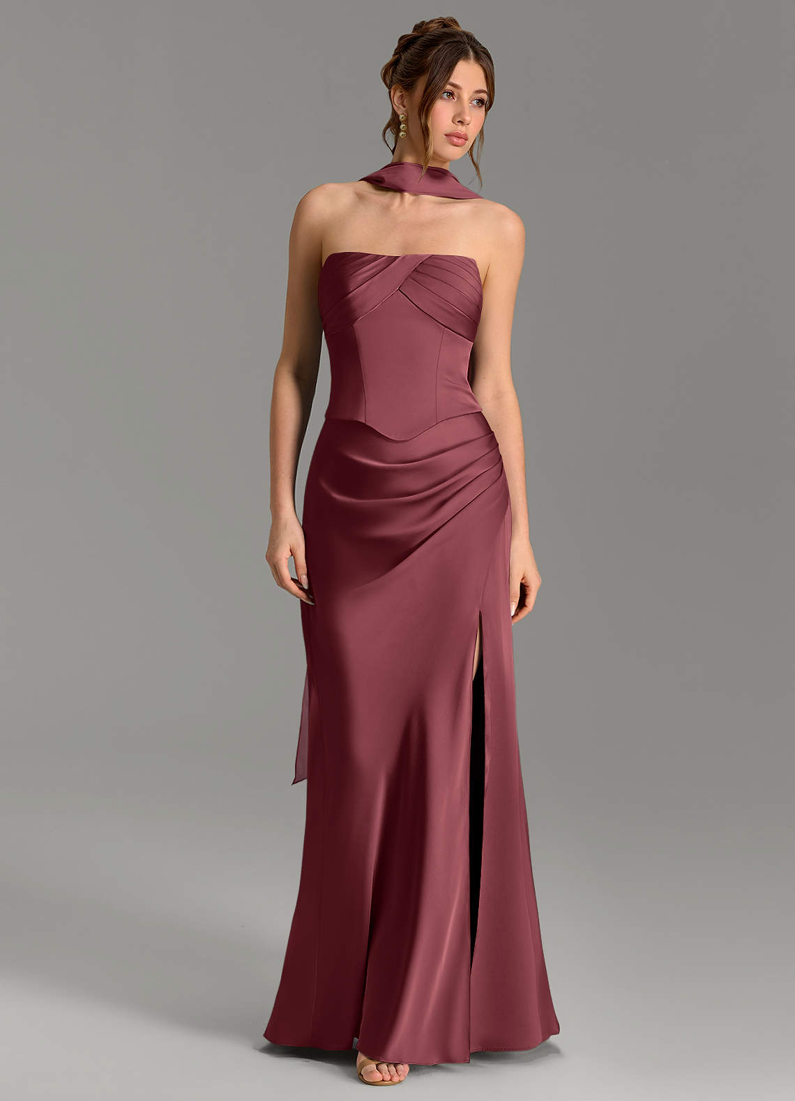 Nicki Sheath Scoop-Neck Stretch Satin Bridesmaid Dress in Merlot