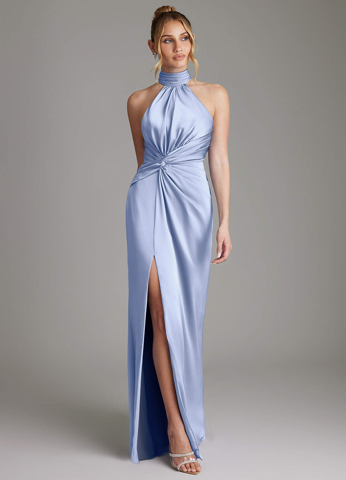 Gracelynn Sheath Halter Stretch Satin Bridesmaid Dress in Ice