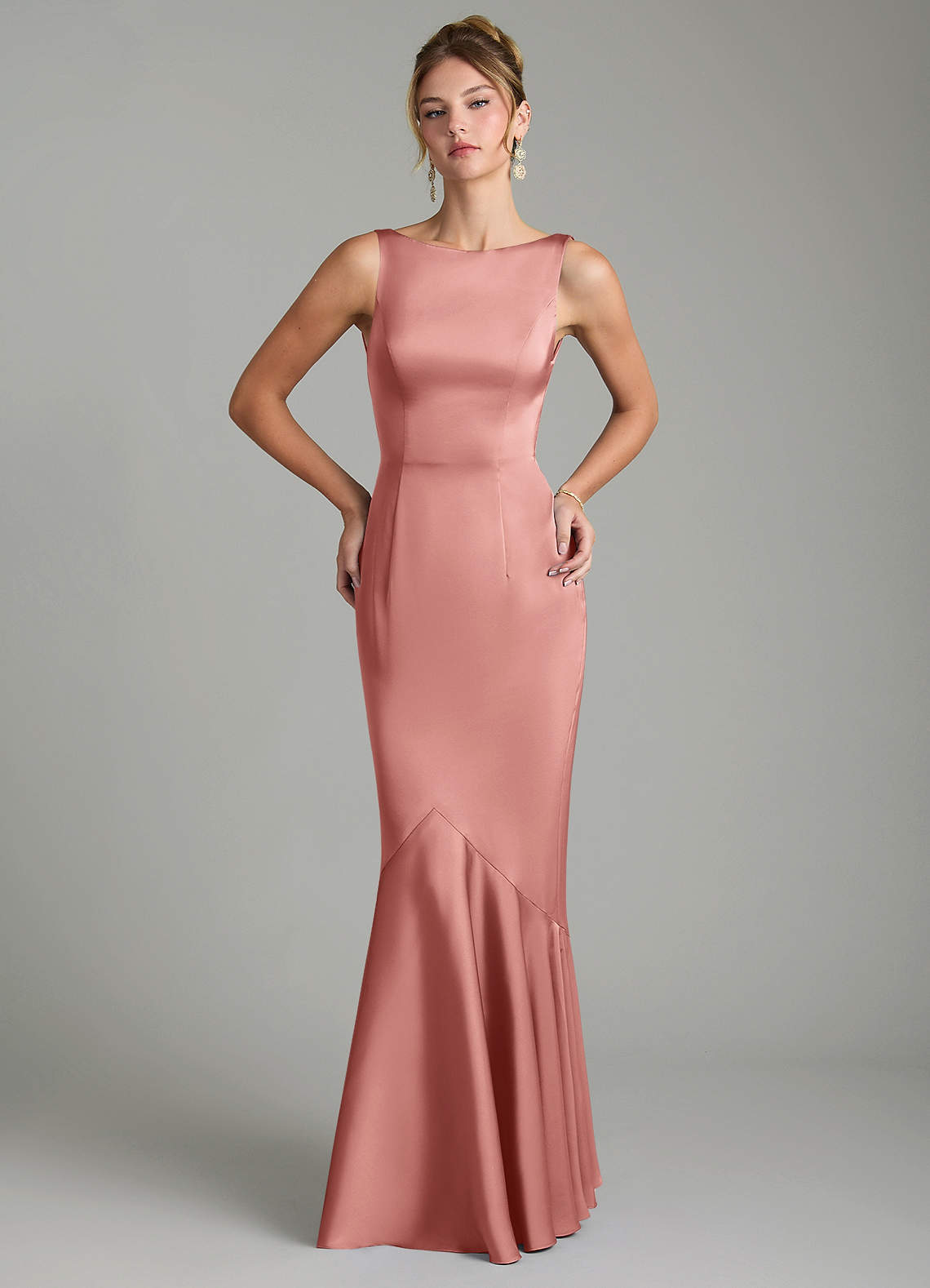 Tamera Mermaid Boat-Neck Stretch Satin and Chiffon Bridesmaid Dress in Rosette