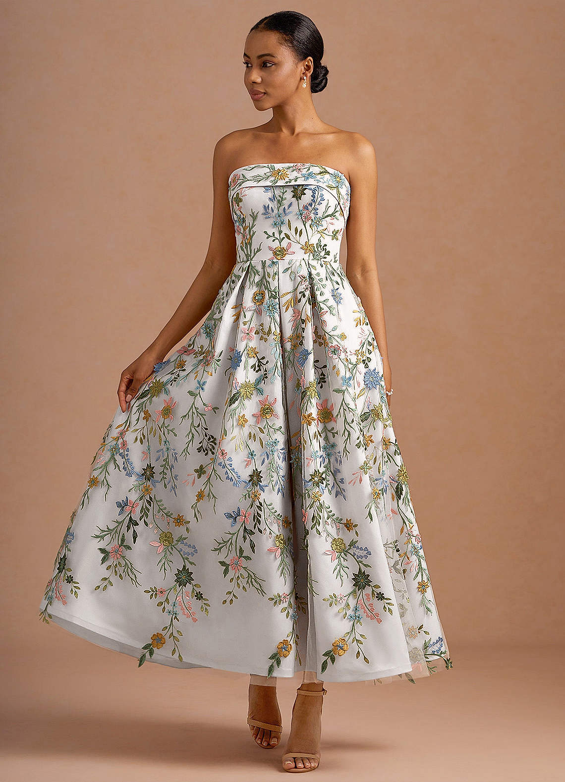 Evangeline Strapless Corset Floral Lace Evening Dress in White