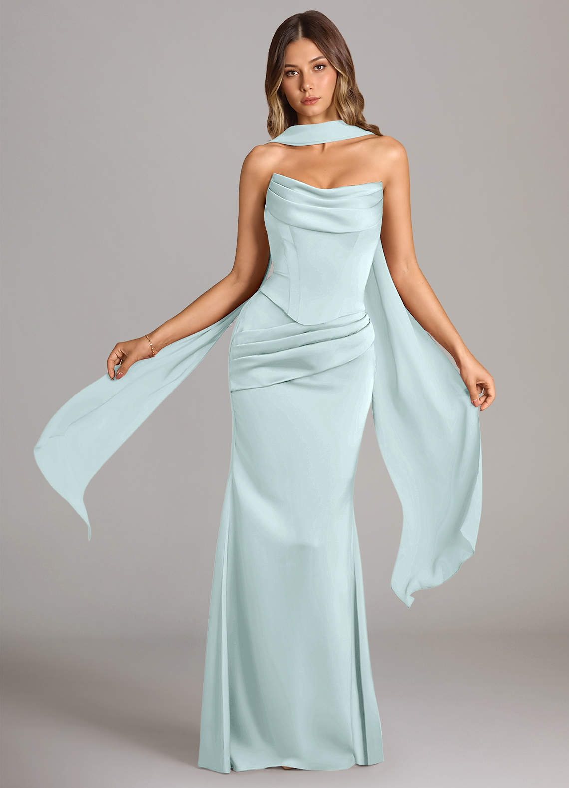 Sorrel Mermaid Cowl-Neck Stretch Satin and Chiffon Bridesmaid Dress in Sea Glass