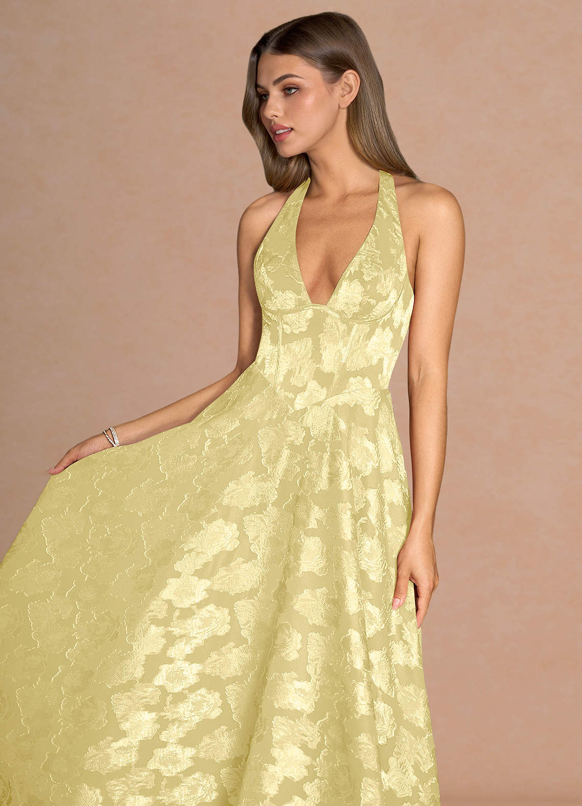 Isabeau A-Line V-Neck Fil Coupé Evening Dress in Lemon Sorbet