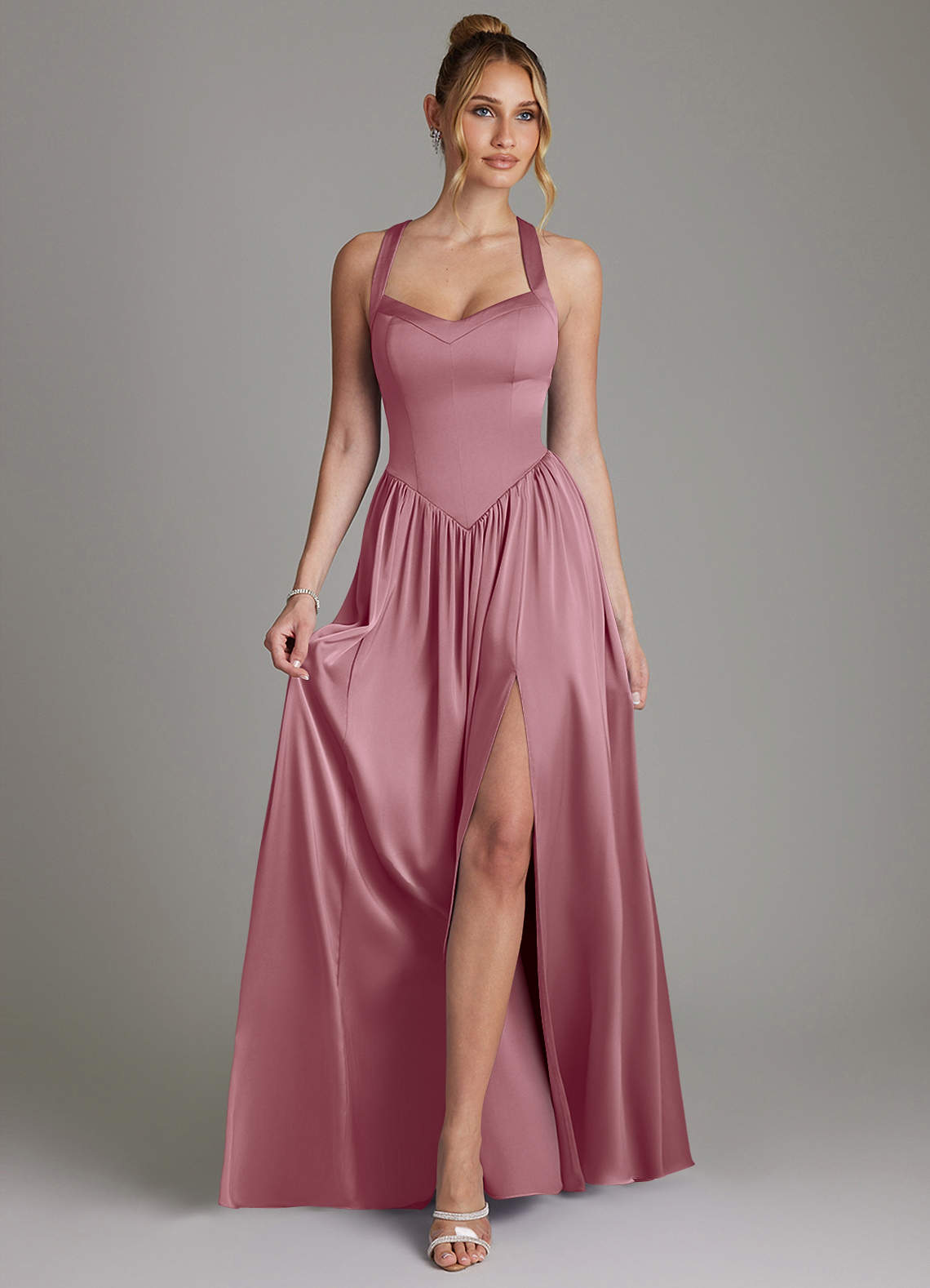 Francis A-Line V-Neck Stretch Satin Bridesmaid Dress in Vintage Mauve