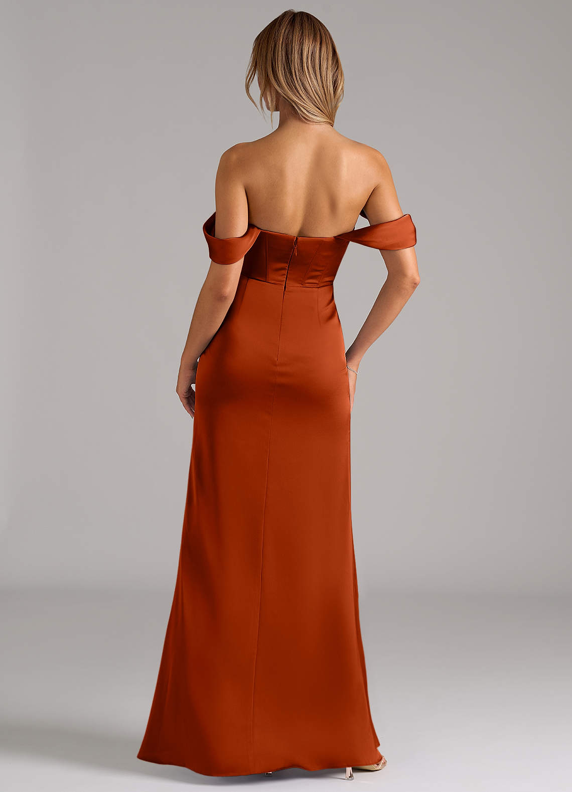 Johana Mermaid Off-the-Shoulder Stretch Satin Bridesmaid Dress in Paprika
