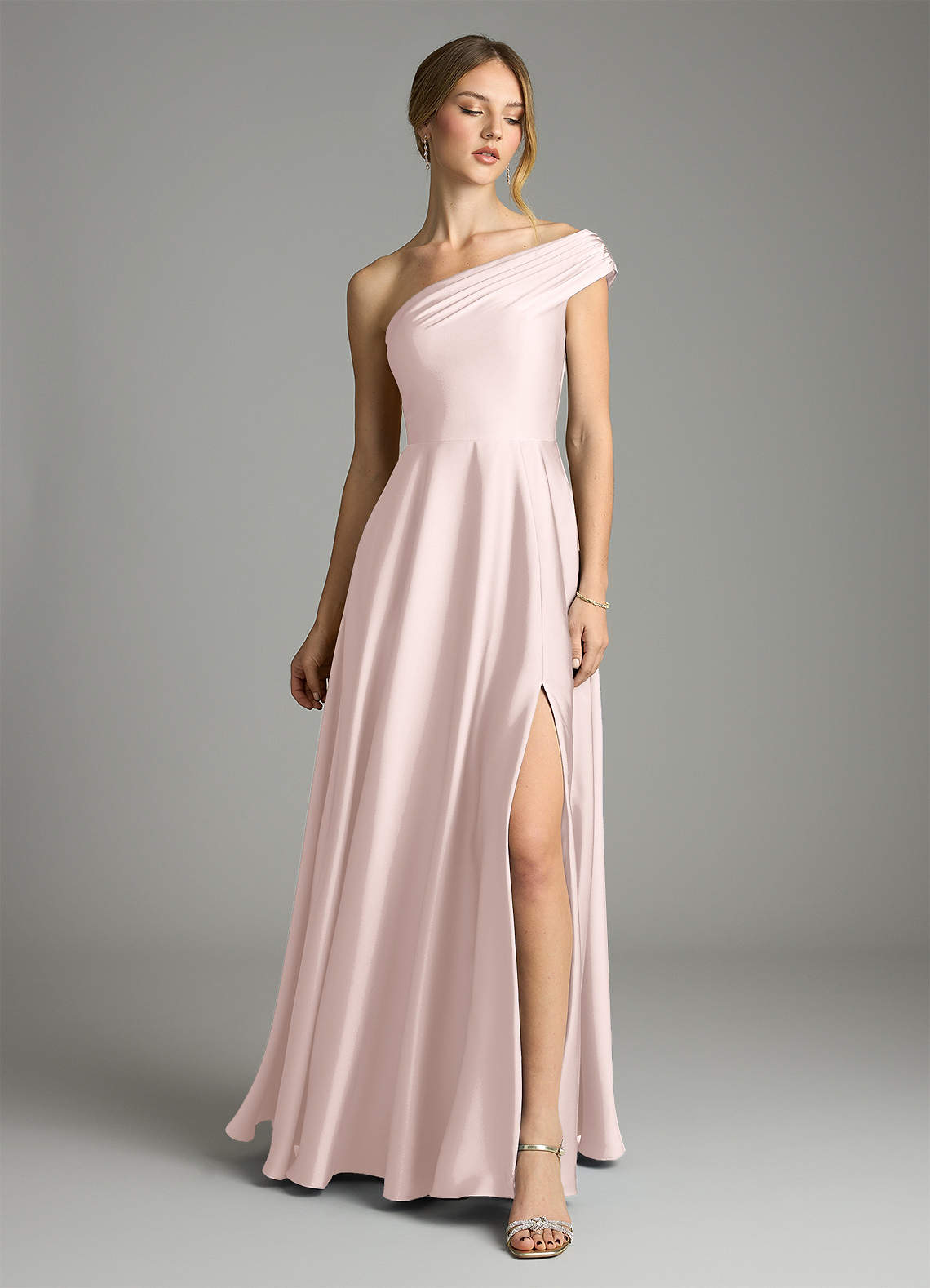 Melanie A-Line One-Shoulder Stretch Satin Bridesmaid Dress in Blushing Pink