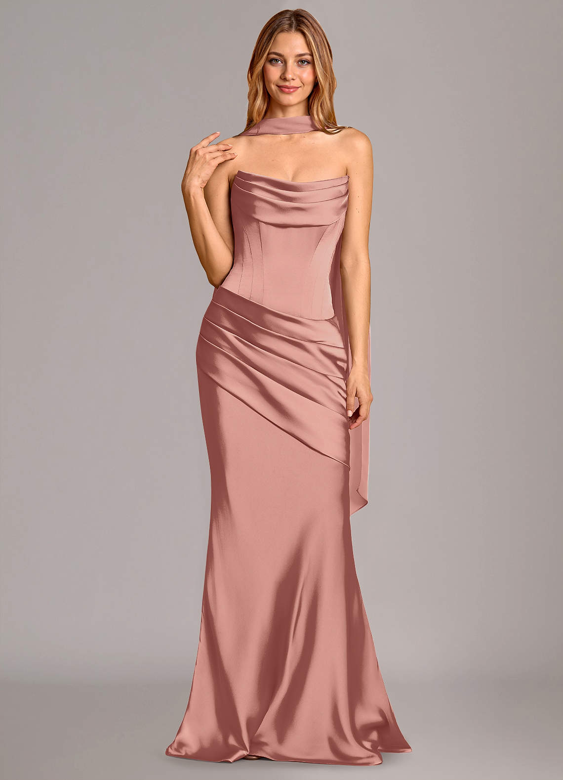 Pelagia Mermaid Cowl-Neck Stretch Satin Bridesmaid Dress in Rosette