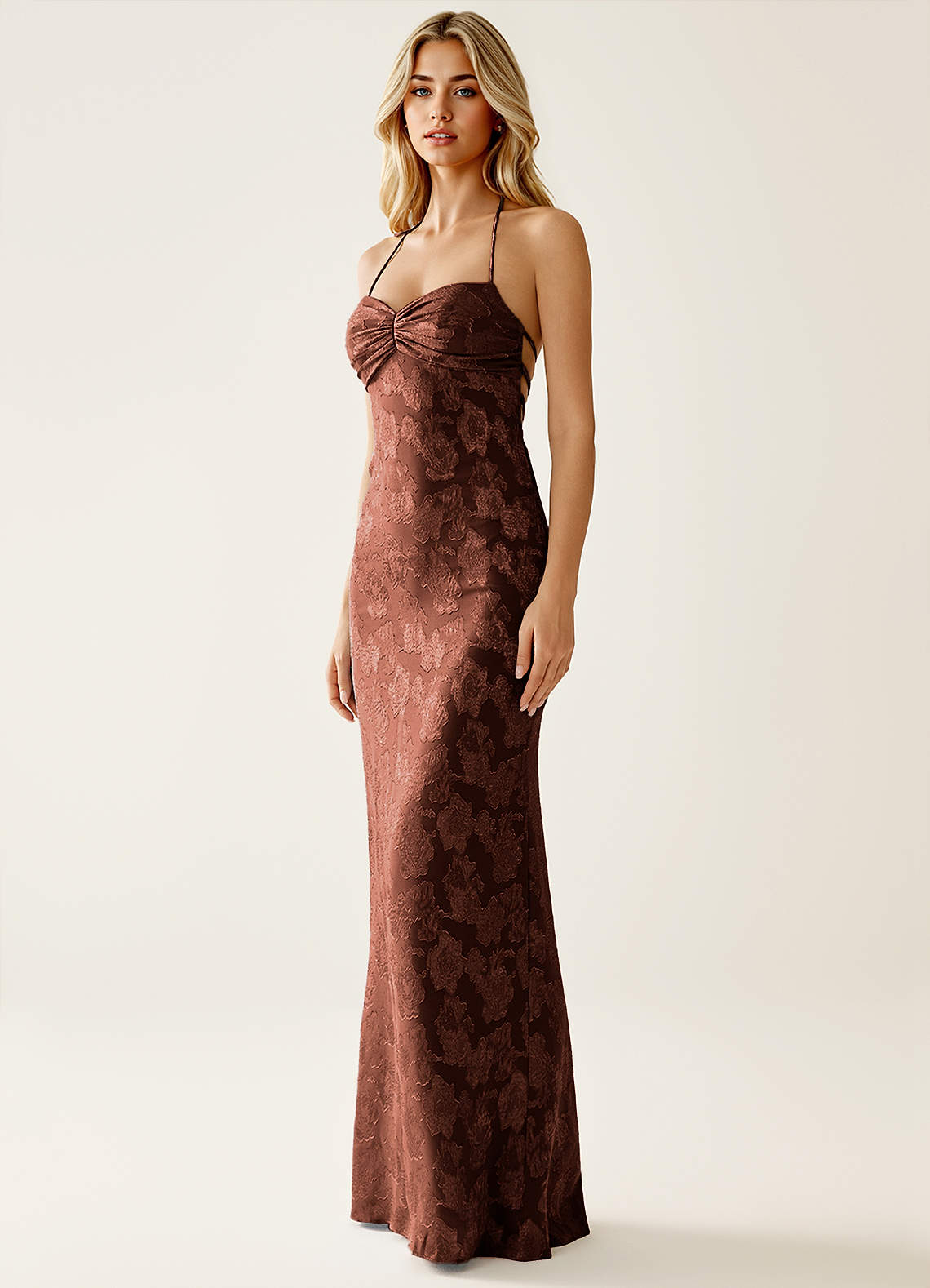 Angena Sheath Halter Floral Burnout Evening Dress in Mocha Coco