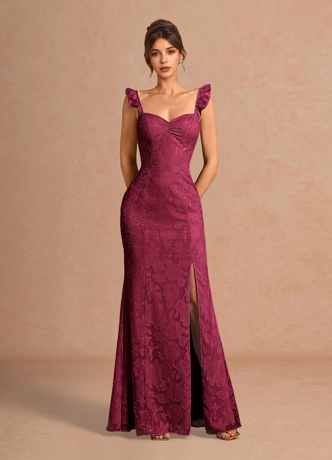 Romilly Mermaid Ruffled Chiffon Burnout Evening Dress in Merlot