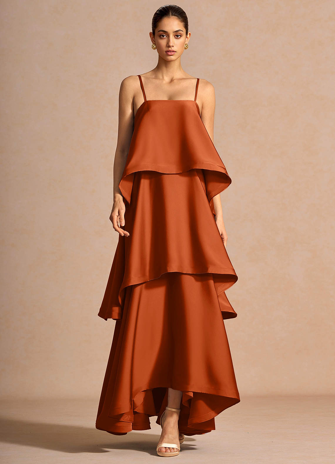 Itasca A-Line Tiered Stretch Satin Wedding Guest Dress in Lemon Green