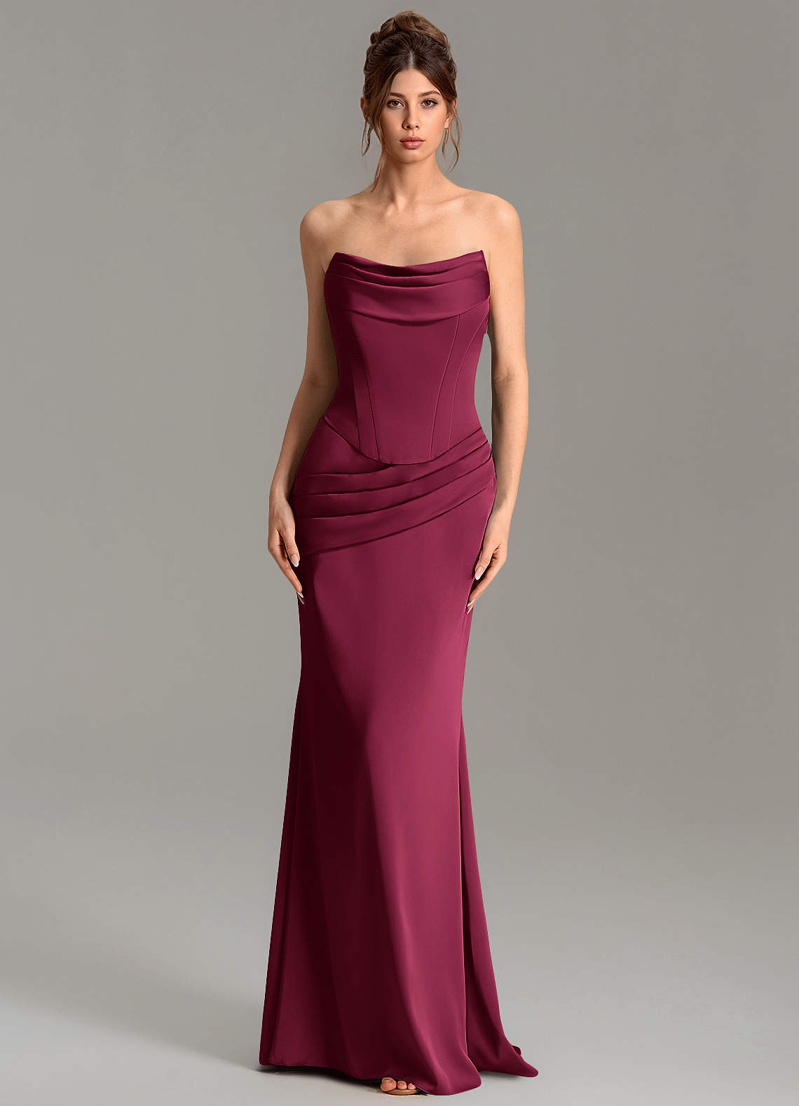 Adrienne Mermaid Cowl-Neck Stretch Satin Bridesmaid Dress in Burgundy