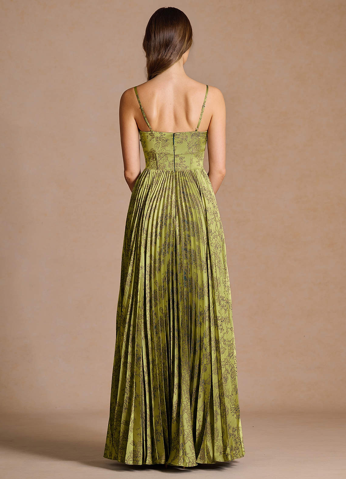 Vesper Pleated Knot-Neck Jacquard Wedding Guest Dress in Moss Brown