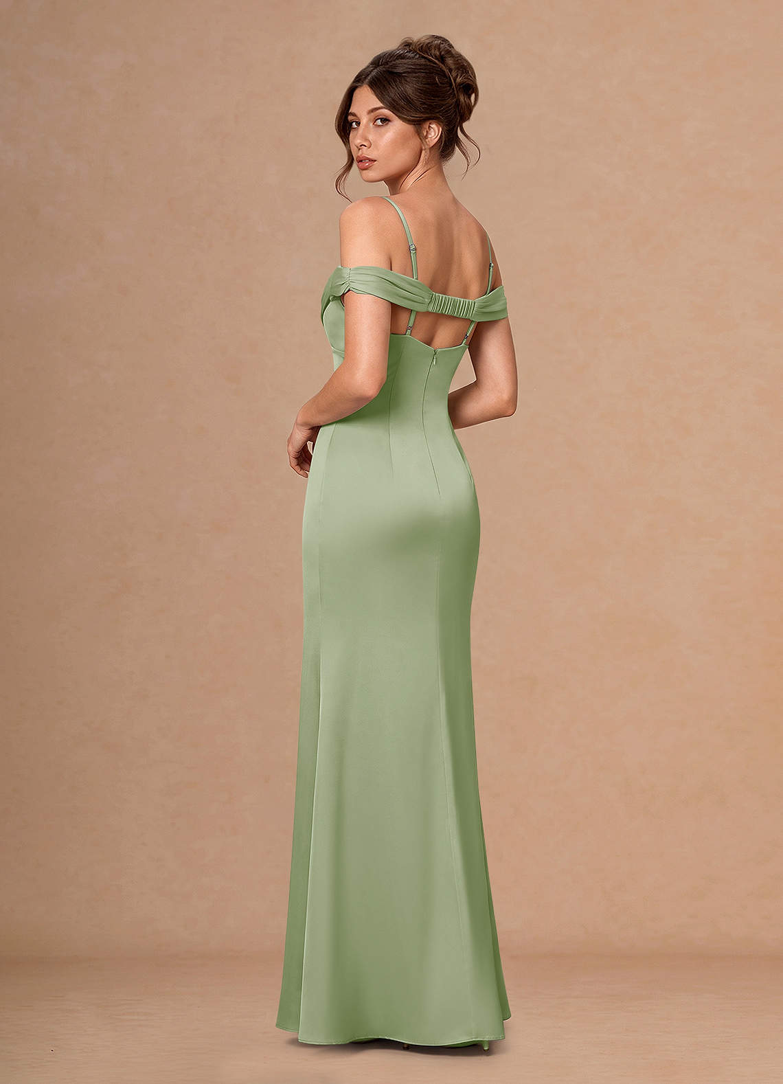 Estelle A-Line Cold-Shoulder Satin Chiffon Evening Dress in Light Green