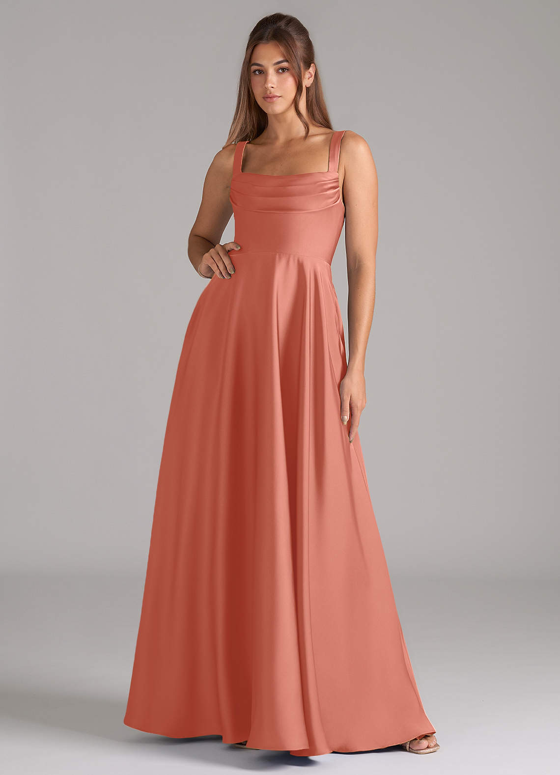 Shaude A-Line Square-Neck Stretch Satin Bridesmaid Dress in Salmon Pink