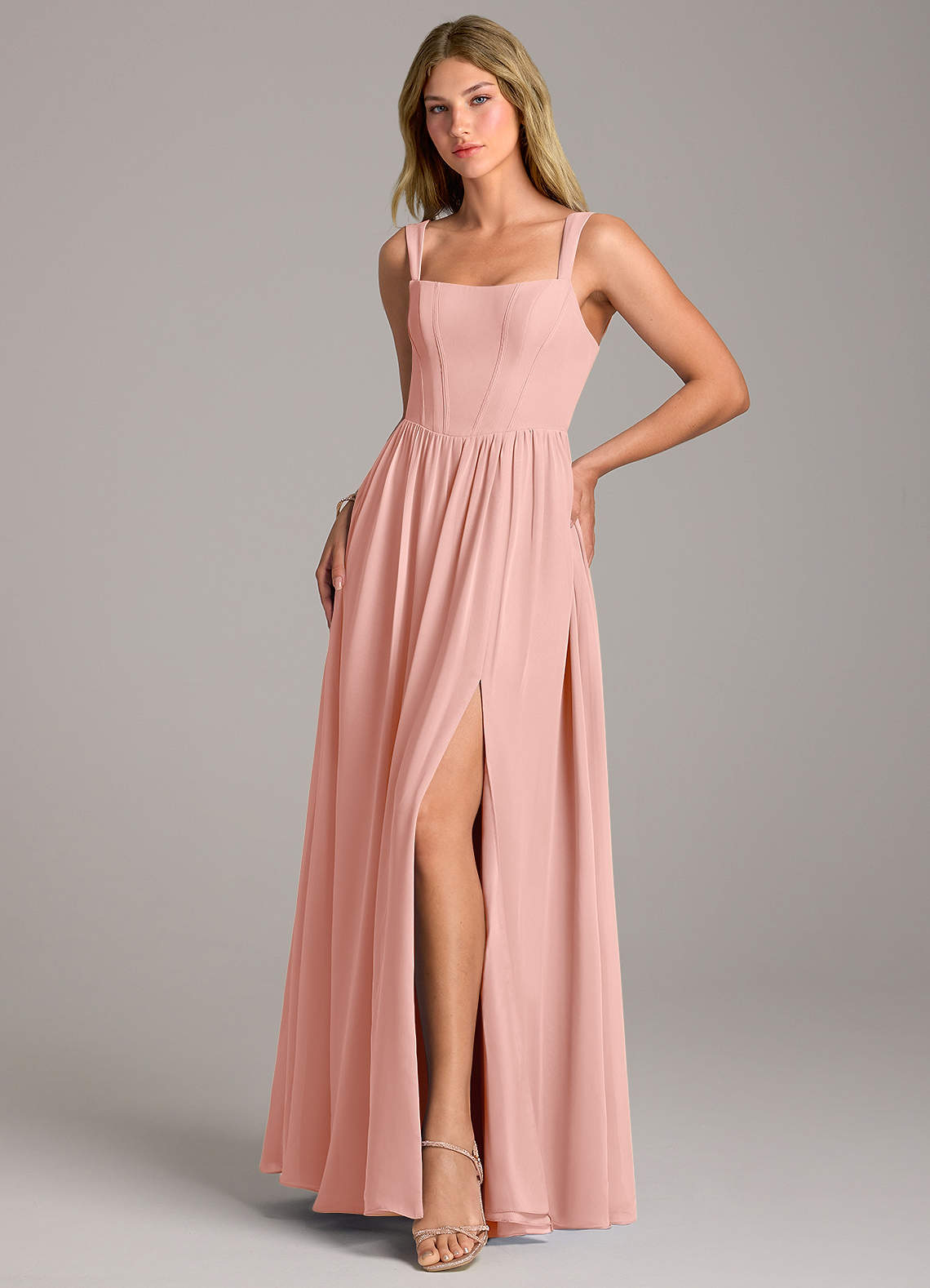 Rosaline A-Line Square-Neck Chiffon Bridesmaid Dress in Rosette