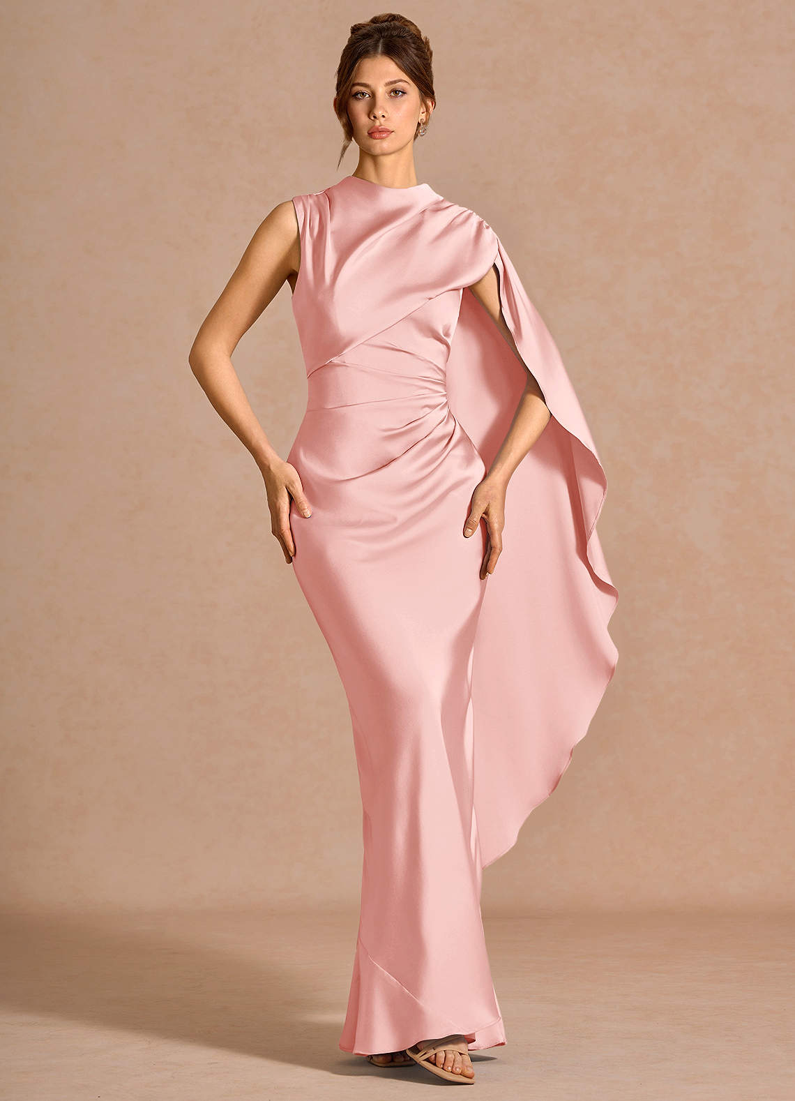 Chesney Cape-Sleeve Pleated Stretch Satin Wedding Guest Dress in Haze Pink