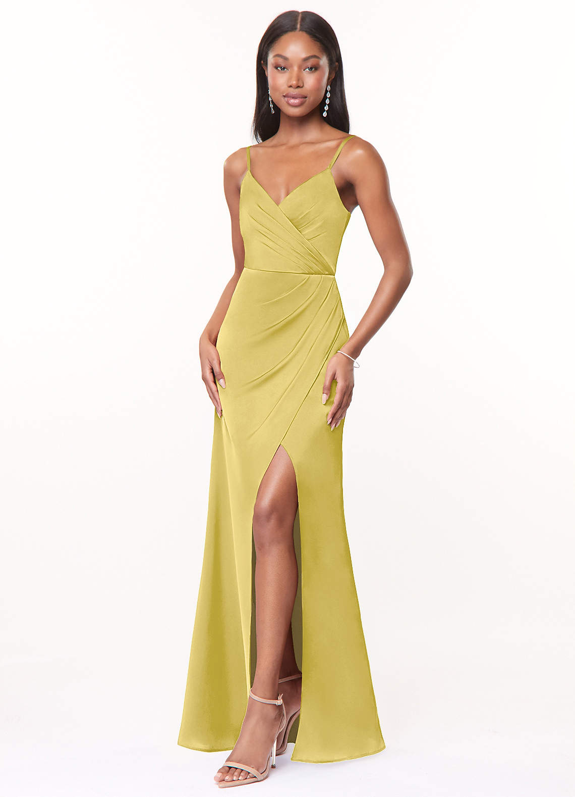 Maci A-Line V-Neck Stretch Satin Bridesmaid Dress in Canary